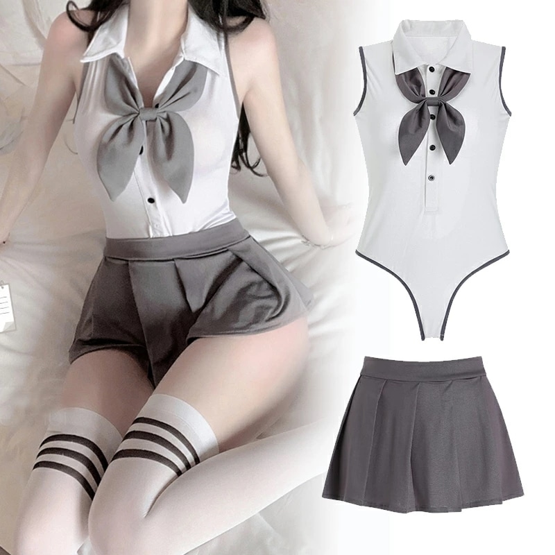 グレー色 ミニスカ付 レオタード セーラー服 学生服 コスプレ衣装(T)