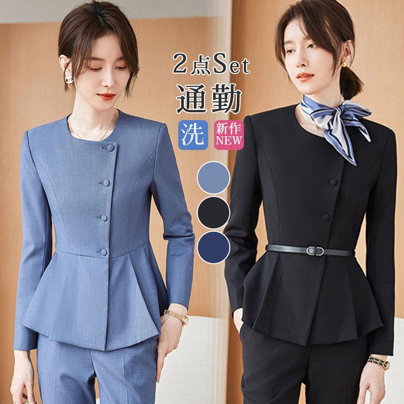 新作 スーツセット パンツスーツ レディース 襟なし フォーマル テーラードジャケット ビジネス 入学式 卒業式 通勤 面接 オフィス 2点セット