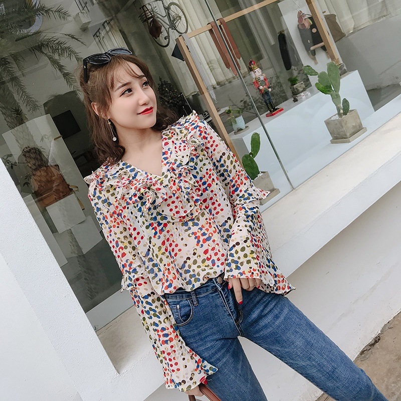ドットフリルブラウス ボリューム袖 ガーリー カラフル 着回し 0269t