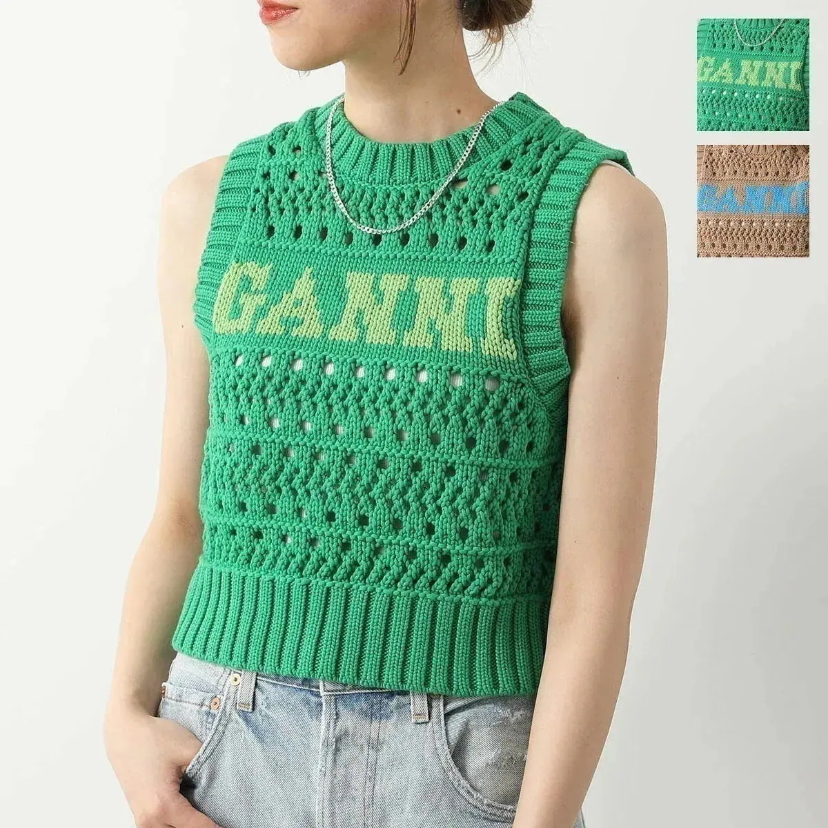 GANNI ガニー ニットベスト Cotton Rope Short Vest K2211 K2166 2589 レディース ロゴ ノースリーブ プルオーバー