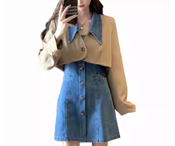 二点セット ツーピース レディース ジャケット ワンピース セットアップ 羽織 前開き デニムワンピース ミニ ショート クロップド丈 袖なし ノースリーブ 長袖 襟付き ドッキング フェミニン