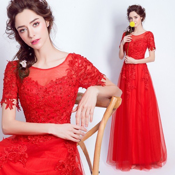 カラードレス 二次会 安い 半袖 ウエディングドレス 結婚式 ロングドレス 披露宴 花嫁 フォーマル