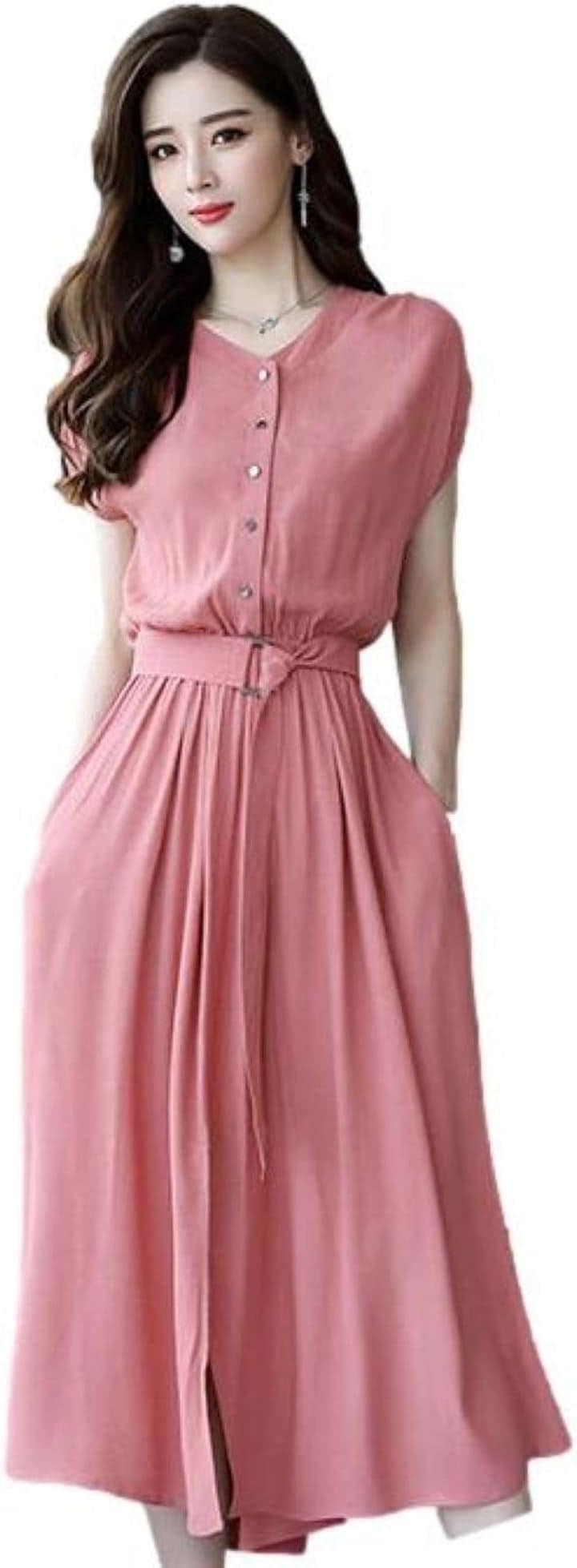 ワンピース レディース Aライン ミモレ丈 ウエストベルト シフォン フレンチスリーブ ノーカラー BB003(コーラルピンク, L)