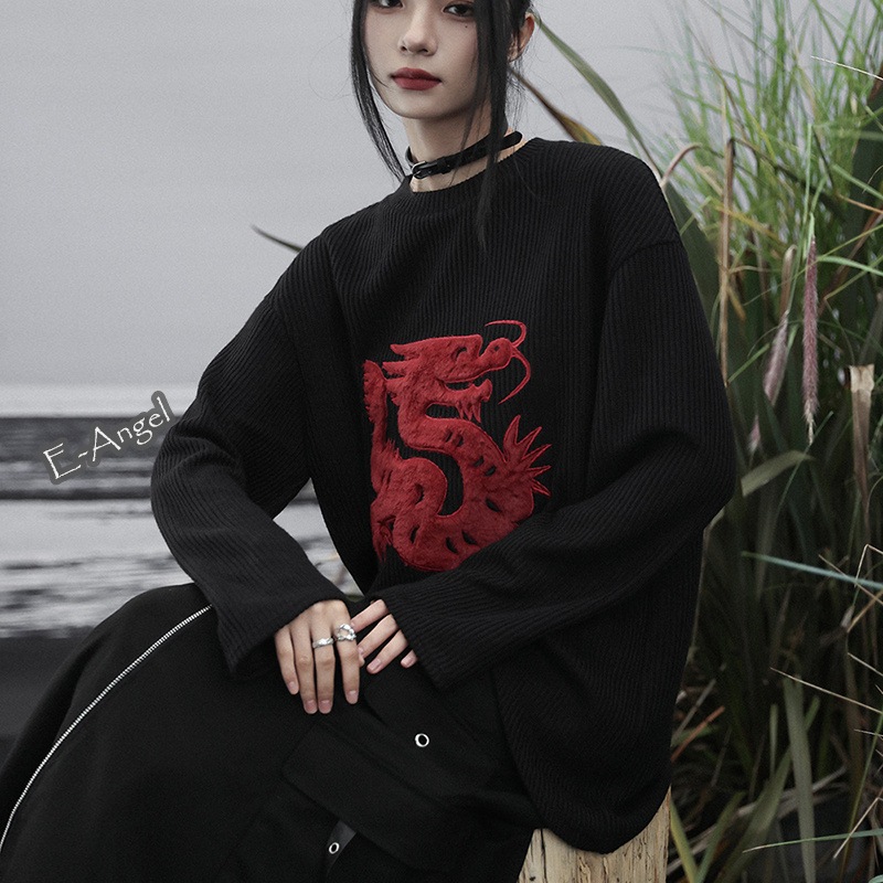ラウンドネック ニット セーター レディース 秋冬 オーバーサイズ 黒 龍柄 チャイナ風トップス メンズ 長袖 男女兼用 合わせやすい