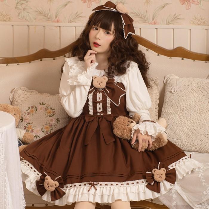 即納 ワンピース ロリータ クマ ドレス コスプレ衣装 茶色 ジャンパースカート ブラウス 長袖 レトロ 中世紀 宮殿風 貴族風 リボン フリル 森ガール レディース