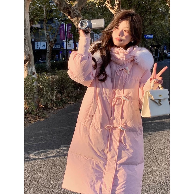 ホーンボタンキツネの毛皮の襟ダウンジャケット女性の 2024 冬の新ミッドレングス 90 ホワイトダックダウン肥厚フード付きジャケット