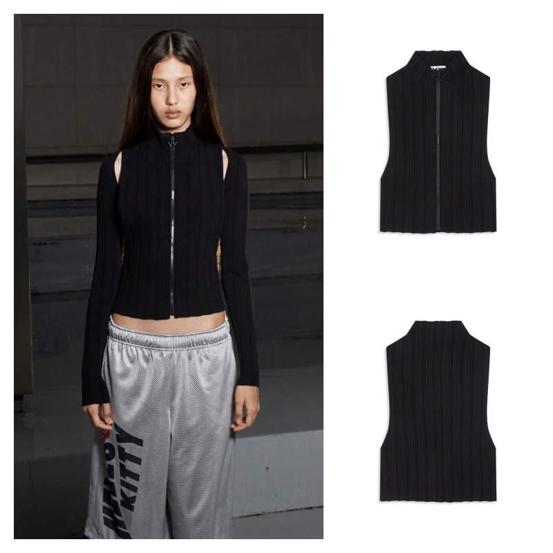 【OPEN Yy】 PLEATED ZIP KNIT VEST : BLACK