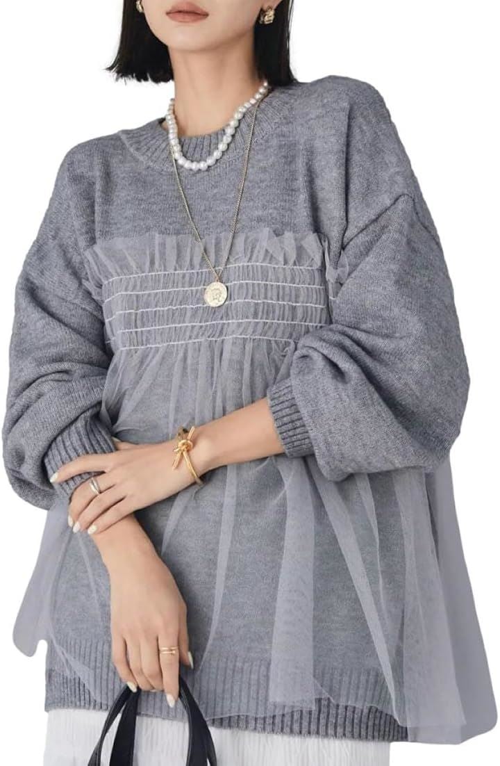 チュールドッキングニット プルオーバー レディース 長袖 ラウンドネック ゆったり ボリューム袖 チュニック丈 秋冬 ボリュームスリーブ 楽ちん シャレ感 モダン(グレー, L)