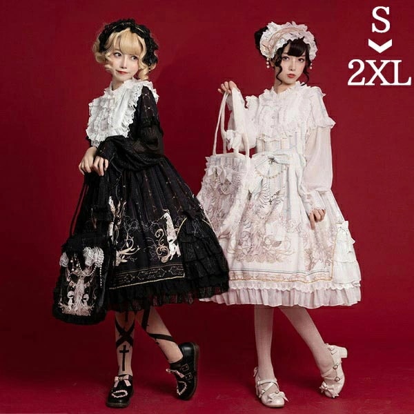 ロリータ ワンピース ゴスロリ クラロリ Aライン リボン レディース コスチューム 衣装 かわいい フリル 仮装 パーティー 髪飾り イベント ファッション ホワイト ブラック