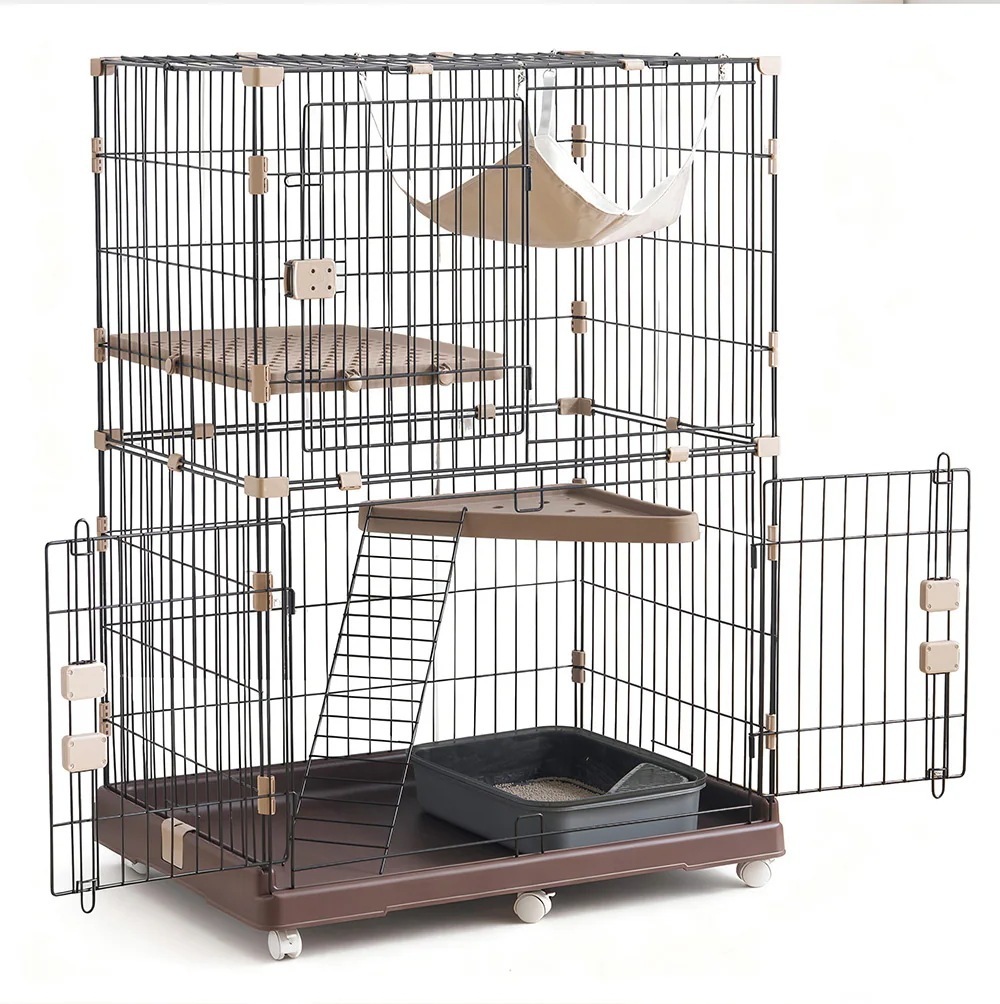 【国内即日発送】【2025年新仕様】 猫 ケージ 収納型 キャットケージ 2段 1段2段可能 キャスター付 キャットハウス【ブラウン】