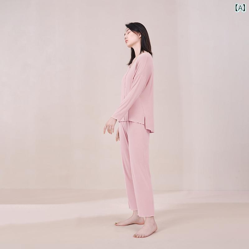 パジャマ　レディース　上下 ミシ ヌード モダール パジャマ 女性用 2025 春夏 長袖 ズボン ホームウェア スーツ