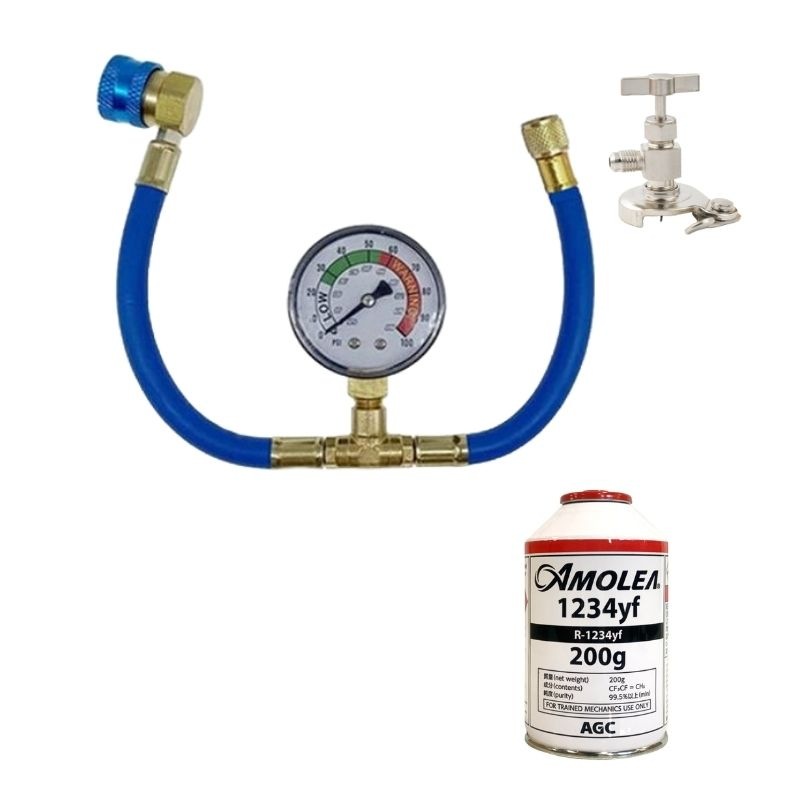 新型カーエアコン 1234yfクーラー専用 メーター付 カーエアコン冷媒充填ホース 缶切バルブと日本製冷媒（AMOLEA)AGC 1本セット