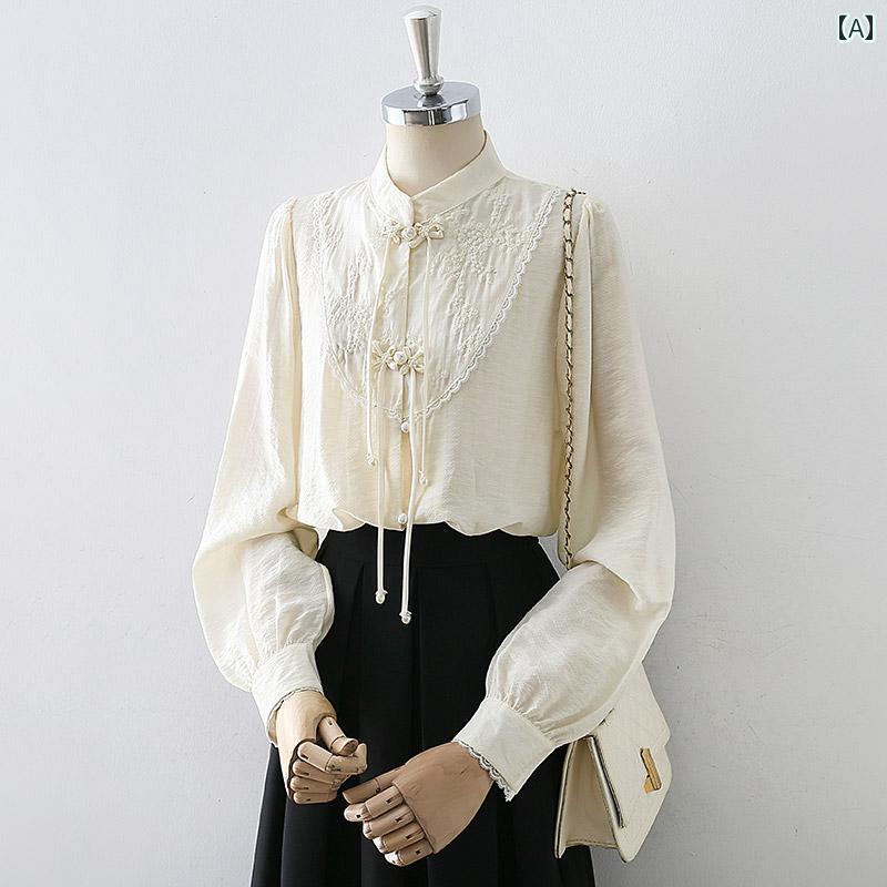 レディース シャツ ブラウストップス 長袖 チャイナ風バックルボタン装飾 春秋 スタンドカラー 中華スタイルエレガント モダン 上品 大人おしゃれ フェミニン トラディショナル カジュアル