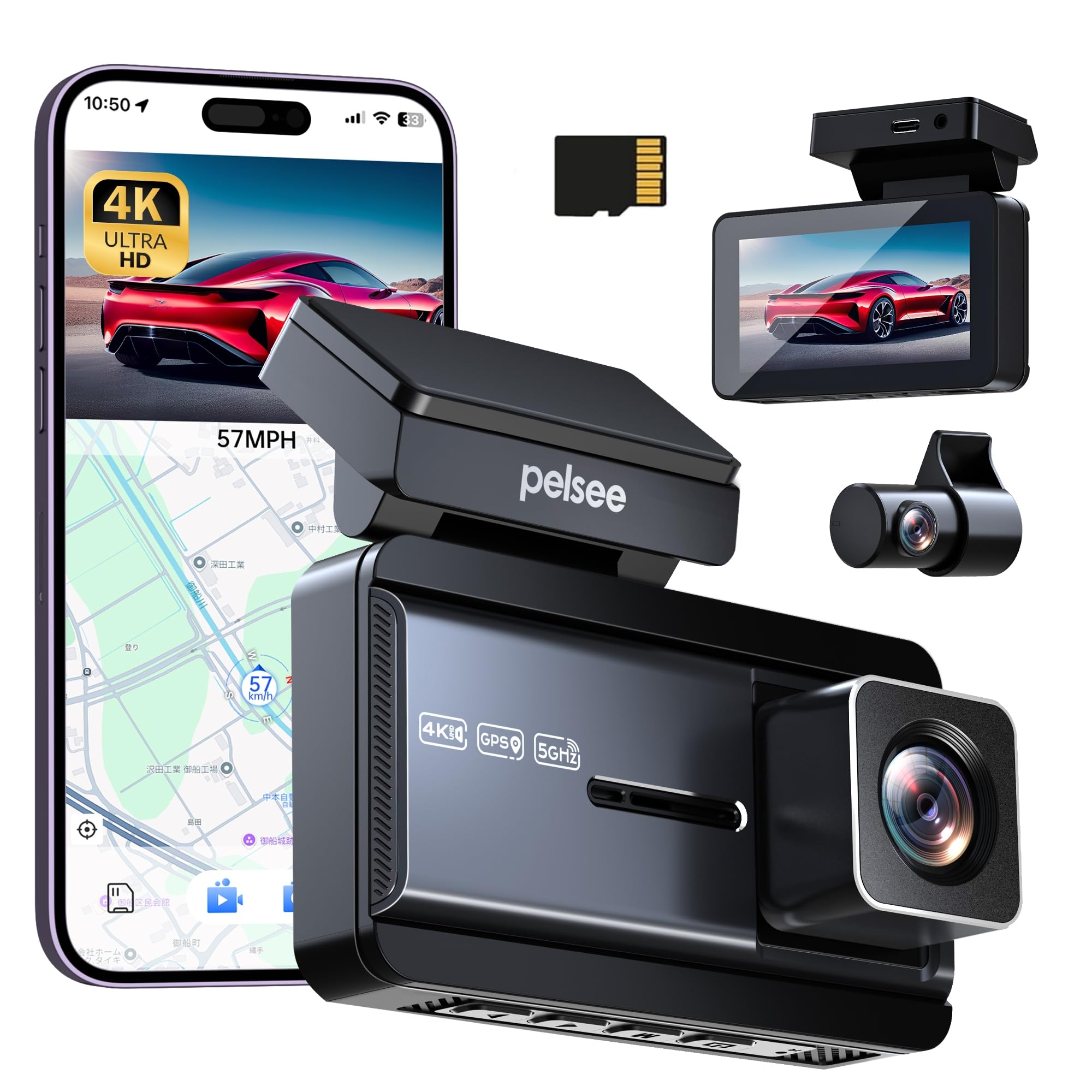 Pelsee ドライブレコーダー 前後カメラ 4K UHD 800万画素 GPS HDR 超鮮明夜間暗視 WIFI搭載 高感度センサー 超広角170 Ｇセンサー搭載 衝撃録画 タイムラプス録画 駐車