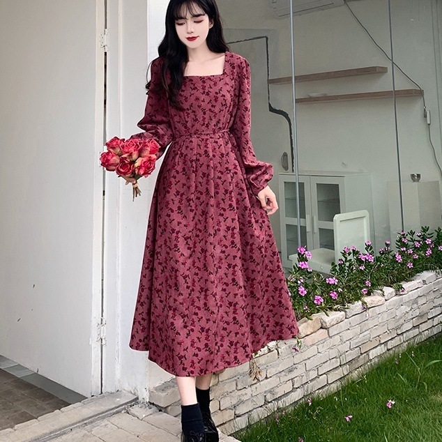 ワンピース ロング ロング丈 長袖 スクエアネック フレア Aライン かわいい 大人可愛い 大人 4,896円