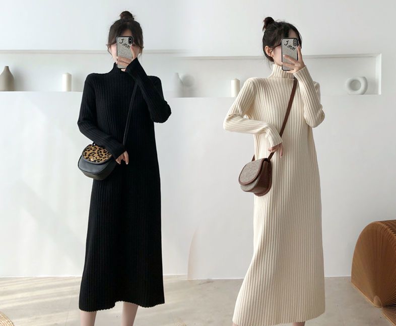 2025新しい秋と冬の長い段落の気質のジャンパーロングスカート膝丈のニットボトムドレス女性のインナー 母の日 母の日-0005132