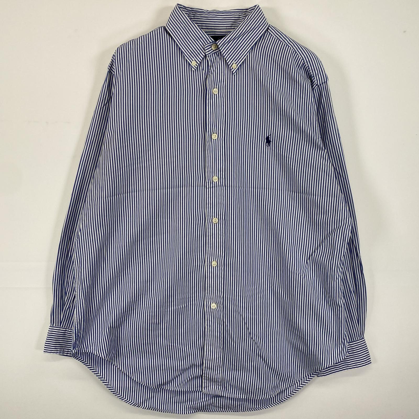 古着 90s/90年代 長袖シャツ ボタンダウン ロゴ刺繍 ワンポイントロゴ 16 32/33 ブルー系 ストライプ メンズ