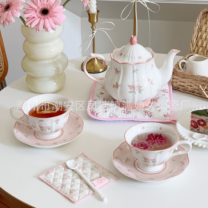 フランス セラミックカップ＆ソーサー ティーポットセット レトロ ローズ ラビット コーヒー アフタヌーンティー