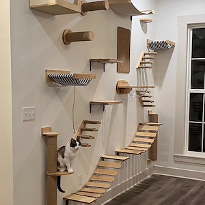 【最安値挑戦 送料無料】猫の壁に取り付けられたクライミングツリー 木製の棚 ハンモック付きはしご 猫の家 子猫の寝袋