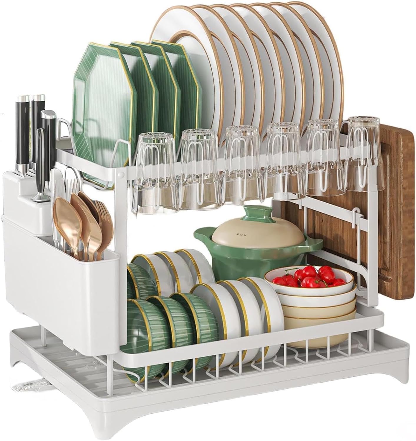 水切りラック ホワイト 自動排水【2段式】 錆びない 食器収納 多機能 組立簡単 スリム 大容量 キッチン シンク用