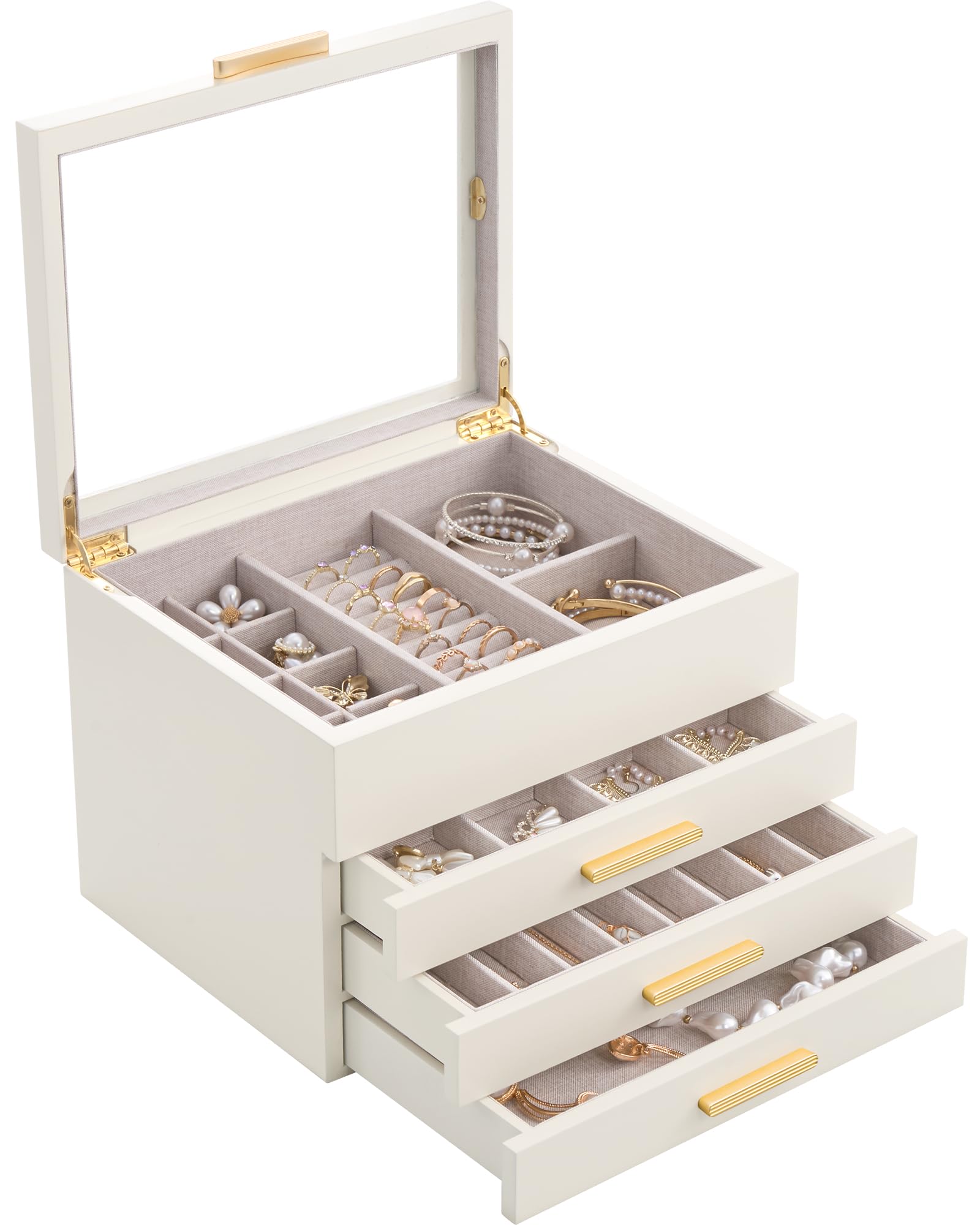 Lolalet 木製 ジュエリーボックス アクセサリーケース 3段引き出し ピアス収納 透明ガラス蓋 防塵 大容量 ディスプレイ 指輪置き 女性用 -ベージュ