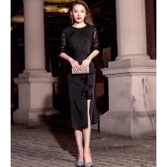 【取寄：納期2週間】結婚式ドレス 大きいサイズ XL 2XL スリムフィット Uネック エレガント