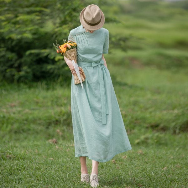 ファッションの 2022夏の涼しいミントグリーンのドレス女性らしさの綿のンの新しいナショナルスタイルの改良されたチャイナドレスバージョンのロングスカート 半袖ロング・マキシ丈ワンピ