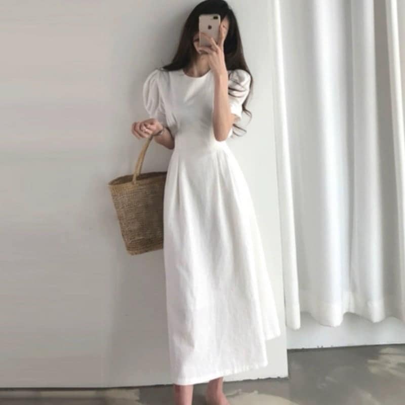 ワンピース 上着 人気 おすすめ おしゃれ お洒落 激安 安い プチプラ 半袖 膝下 ハイウエスト くびれ ラウンドネック 丸首 無地 可愛い かわいい 韓国 シンプル カジュアル lone