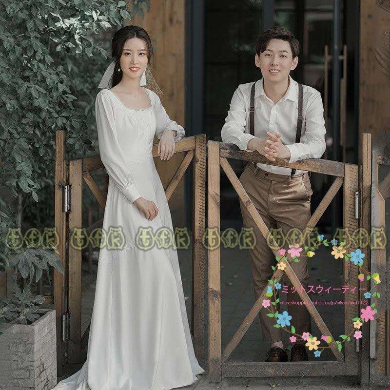 ウェディングドレス 二次会 前撮り 結婚式 披露宴 パーティー サテン ロングドレス スクエアネック