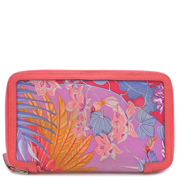 エルメス HERMES 長財布 ソワクール フラミンゴパーティ シルク ヴォーエプソン ピンク×マルチカラー シルバー金具 ラウンドファスナー T刻印【中古】