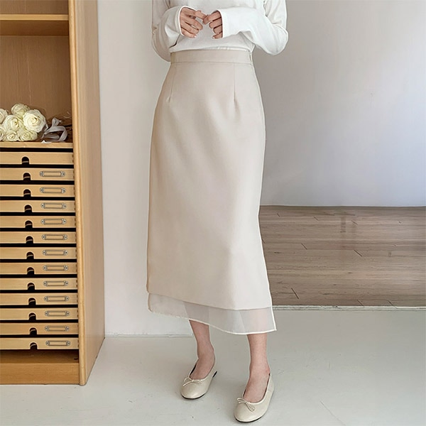 (バレエムード / 自然補正フィット) シースルー 配色 レイヤード スリット ロング スカート sk7239