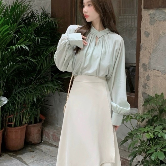 2点セット レディース トップス ボトムス シャツ プルオーバー 長袖 ボリューム袖 ミモレ丈スカート アシンメトリー かわいい 大人可愛い きれいめ シンプル カジュアル 大人 上品 おしゃれ