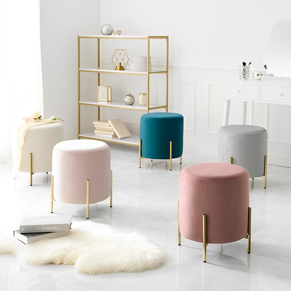 スツール 座面高42.5cm ベロア調 スタッキング オットマン チェア いす 円形 丸 椅子 ドレッサーチェア 傷防止クッション付き おしゃれ ゴールド 脚 上品 韓国風 北欧風