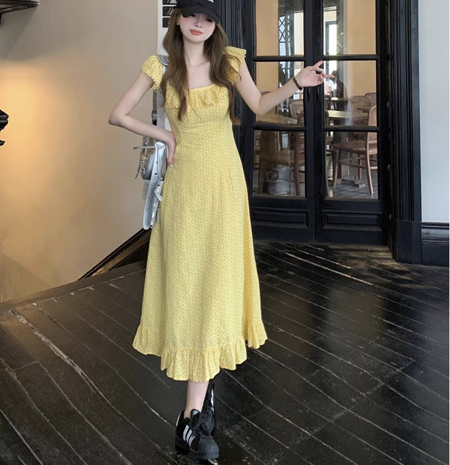 個性的 春 服 夏 服 ワンピース ワンピドレス フレアワンピース ティアード ロング アンクル 袖なし ノースリーブ スクエアネック フレア セミフレア Aライン フリル 普段使い 韓国