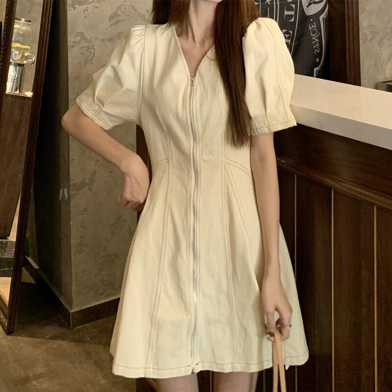 ワンピース 半袖 春夏 カジュアル ミニ丈 膝上 五分袖 袖コンシャス パフスリーブ Vネック 襟なし フレア 細身 Aライン ファスナー ハイウエスト 色展開 イエロー ワンサイズ ゆったり かわい