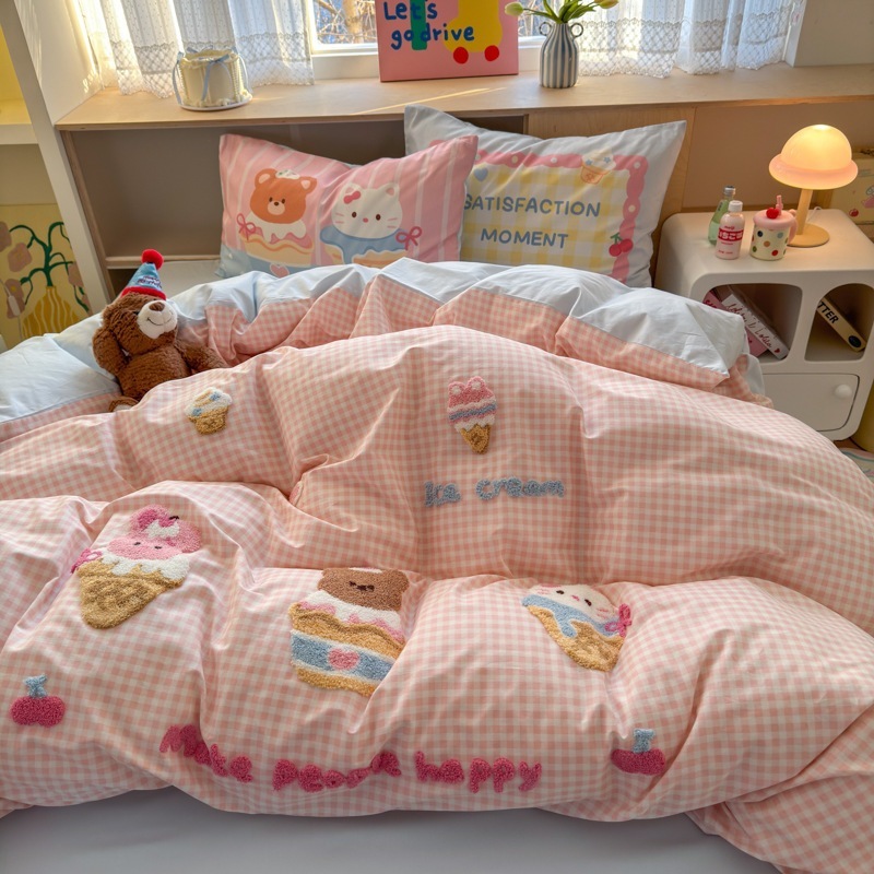 2025綿タオル刺繍4点セットかわいい綿布団カバーベッドシングル寮寝具3点セット