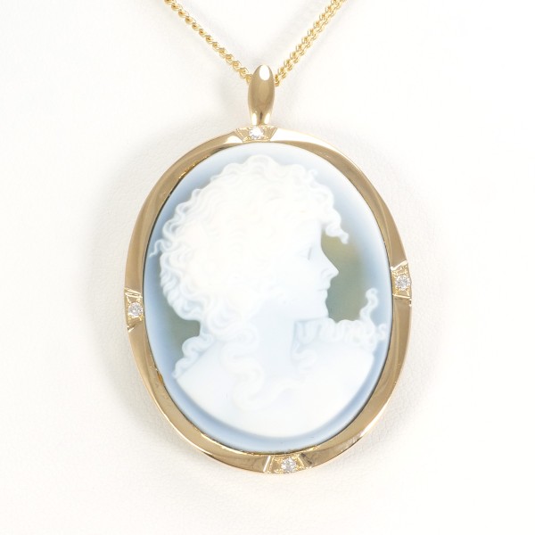 K18 18金 YG ネックレス ブローチ ストーンカメオ ダイヤ 0.08 カード鑑別書 中古