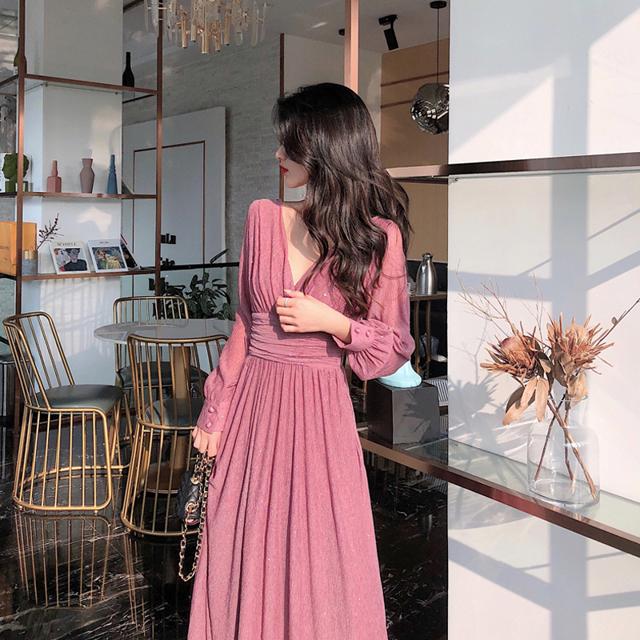 3色 ワンピース ドレス レディース パーティードレス ロング ミモレ丈 黒 袖あり おしゃれ 大人可愛い ブラックドレス Vネック プリーツ ハイウエスト 長袖 ラメ パーティー 結婚式 二次会 お