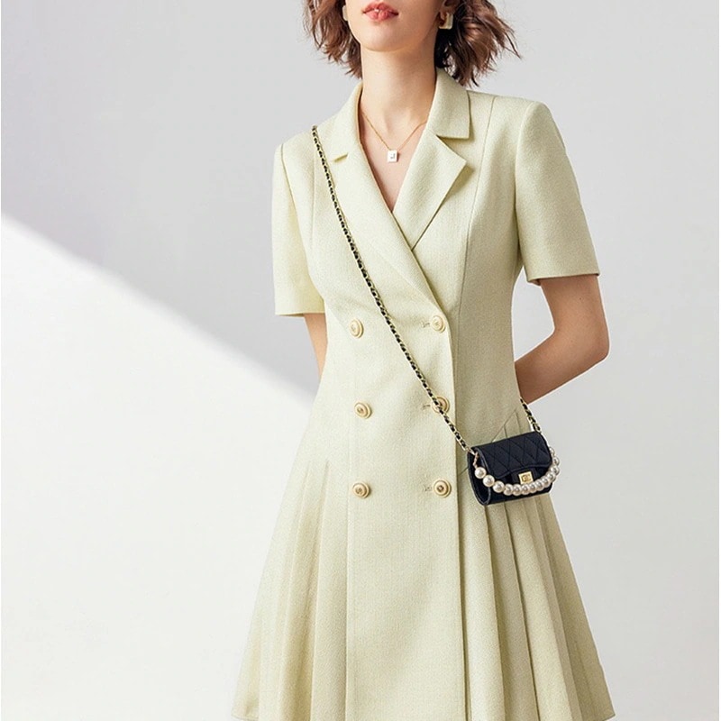 【限时折扣】25 半袖 ワンピーススーツ スーツ ワンピース 新作 デザイン感 プリーツワンピース レディース オフィス 通勤