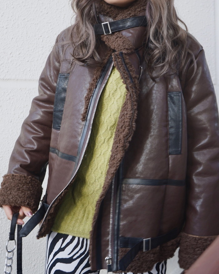 Leather Touch 2tone Accent B-3 Jacket (brown) A.D.G レディース アウター