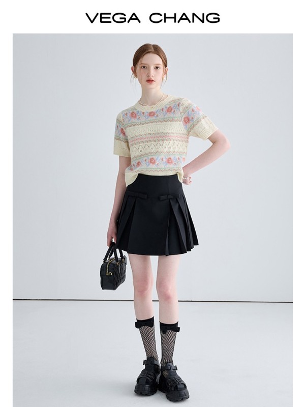 ジャカードセーター レディース 2025年秋冬新作 フレンチニッチ 中空 カジュアル 半袖トップス