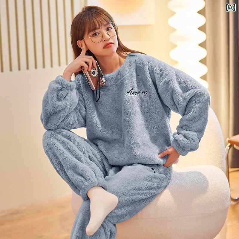 ルームウェア レディース パジャマ 部屋着 ガーリー 秋冬 長袖 ラウンドネック チェック柄 ブルー パープル グリーン 5,106円