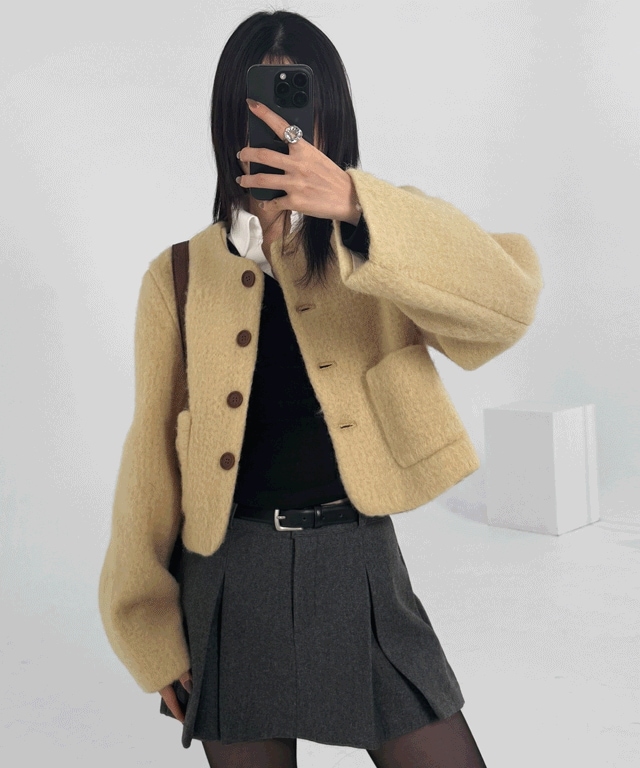 [ウール] メリア キルティング ノーカラー ショートジャケット