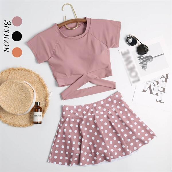 水着 服みたいな 体型カバー 水着 大きいサイズ レディース ビキニ かわいい セクシー 韓国風 ドット 水玉 セパレート キュロットスカート 水玉 大人 女性用 M L XL 2XL キャラメル 黒