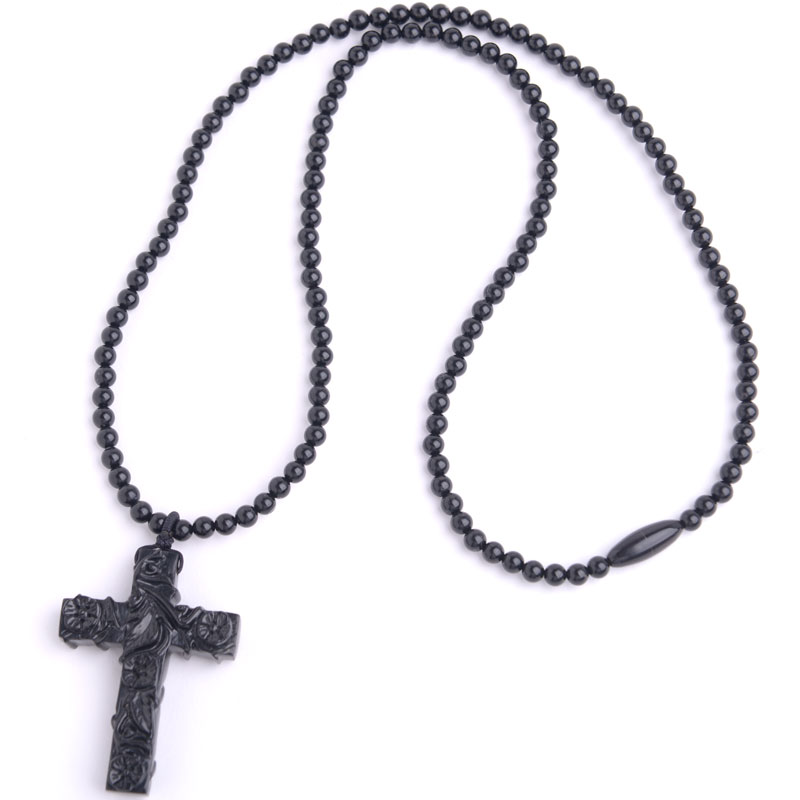 ジェット十字架ネックレス 天然ジェットロザリオ ロング 手彫り モーニングジュエリー