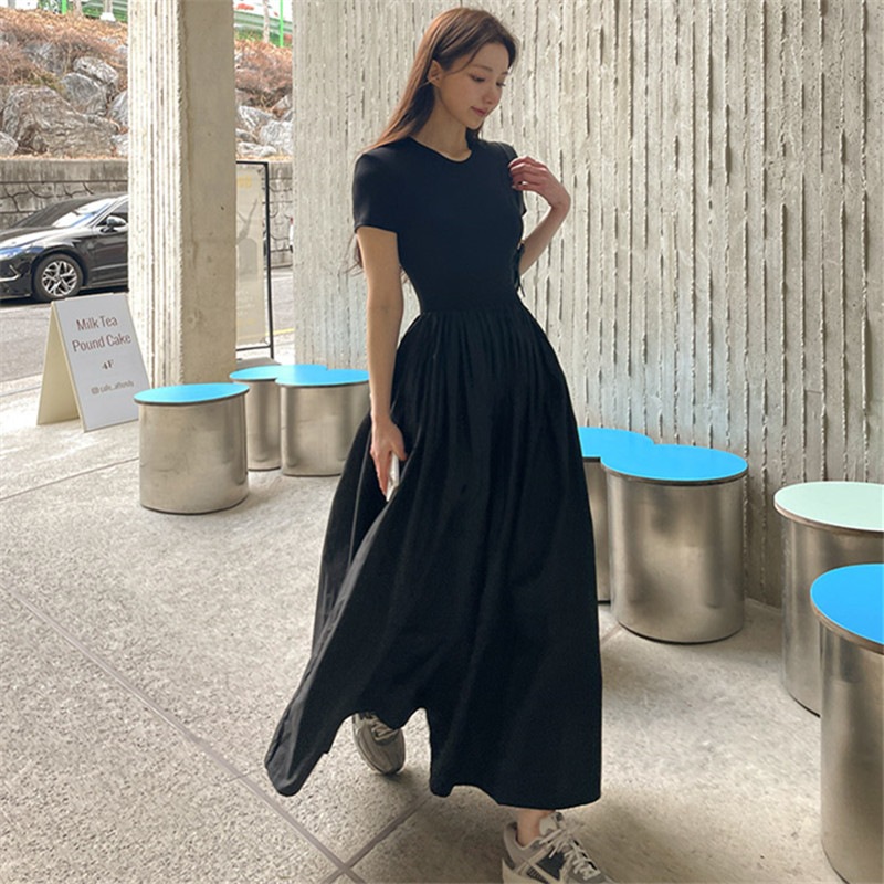 【S.M.L.XL特別価格！1000円OFFの5480円】ドッキングワンピース. 異素材MIXワンピース ウエスト切り替え 半袖 ラウンドネック. レディース ブラックワンピース