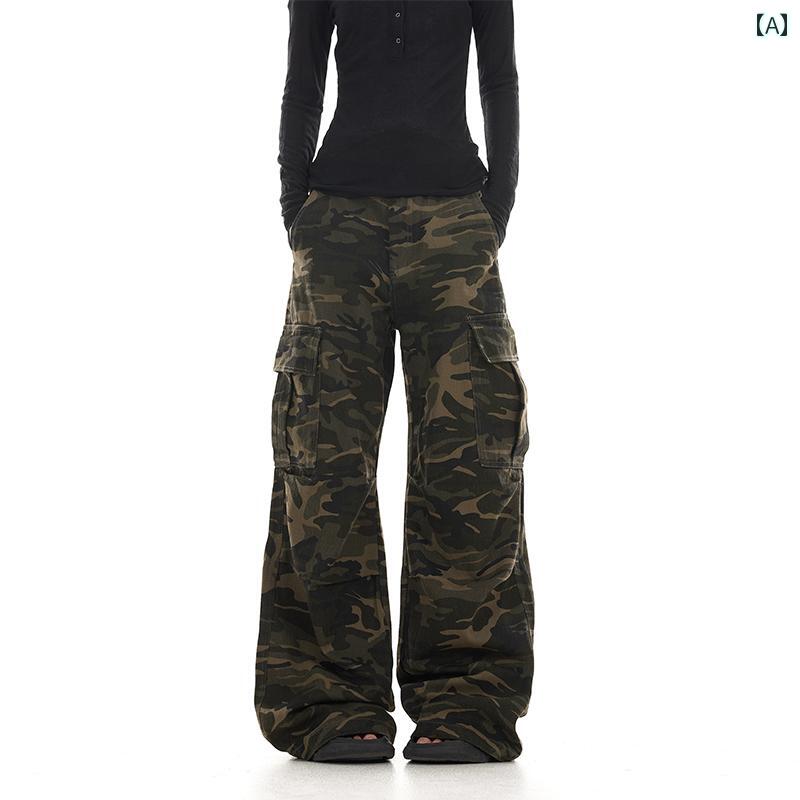 カーゴパンツ　メンズ　レディース アメリカン レトロ ウォッシュ 迷彩 オーバー オール 男女兼用 夏用 ストレート マルチ ポケット ワイド レッグ パラシュートパンツ