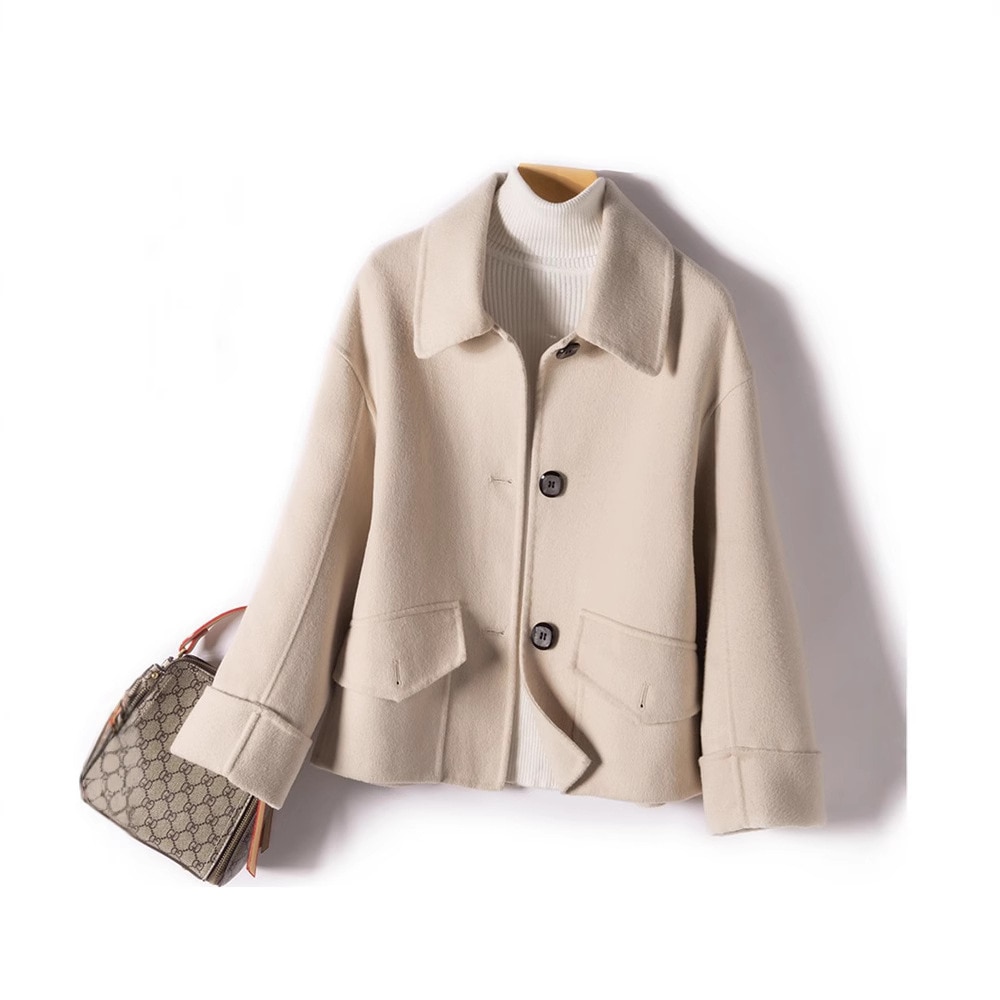 秋冬用100%ウールダブルフェイスコート女性用スリムショートコート大きいサイズウールコート背が高くて小さい