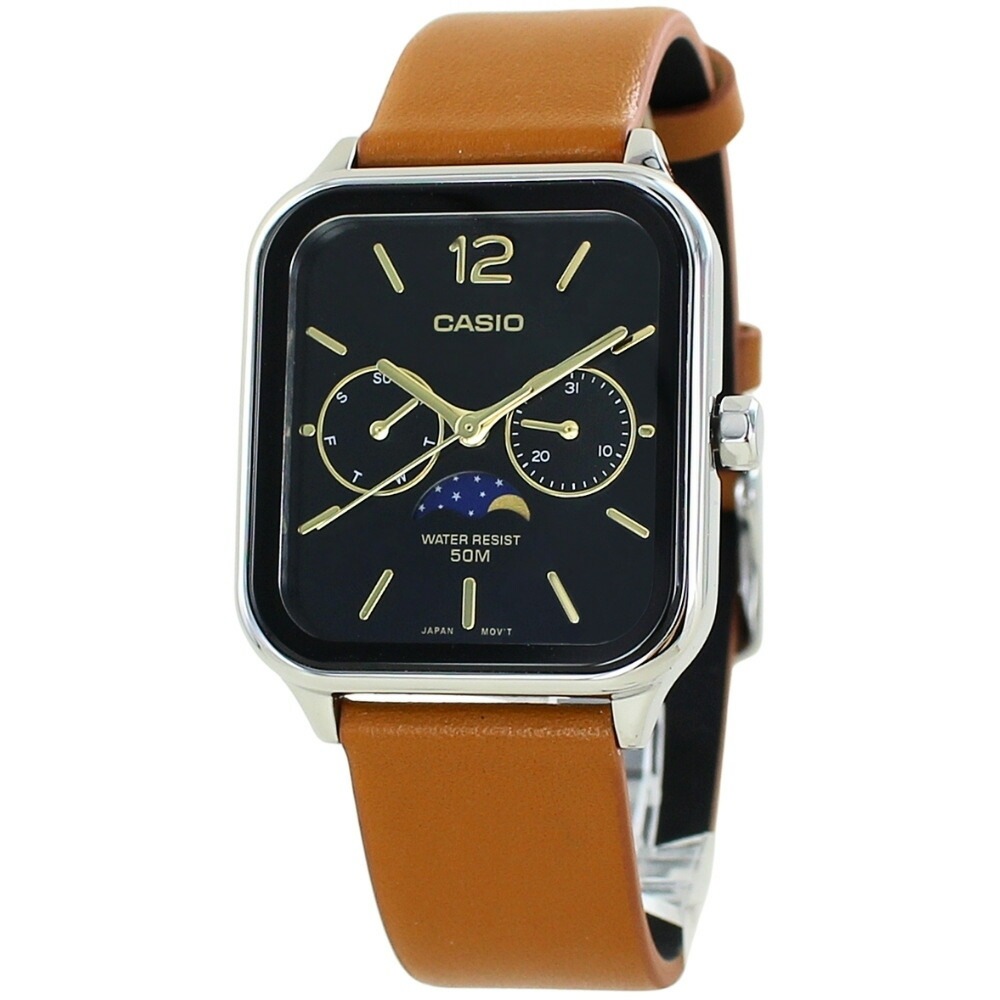 海外限定モデル カシオ スタンダード チプカシ ムーンフェイス 腕時計 手表 メンズ レディース 収納ケース付き ブラウン 革ベルト 誕生日プレゼント 中学生 高校生 大学生 彼氏 彼女 父 母 誕生