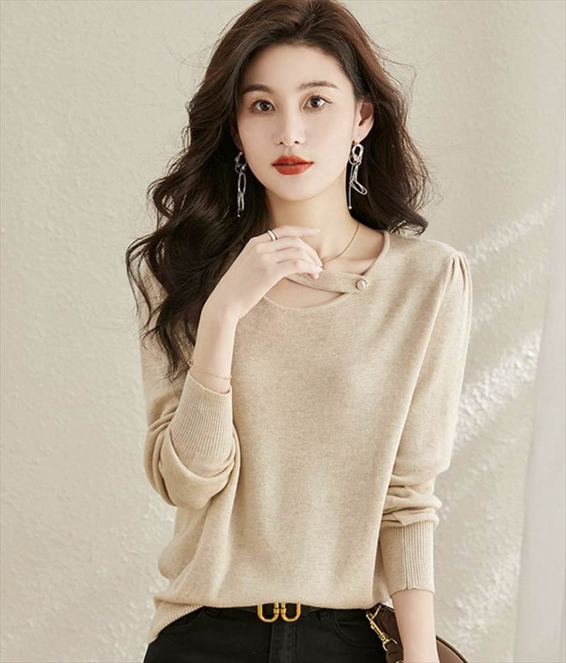 トップス ニットソー レギュラー丈 長袖 ラウンドネック スリム 細身 個性的 M L XL 2XL ベージュ 黒 カーキ かわいい きれいめ シンプル カジュアル 大人 上品 おしゃれ レトロ 大人